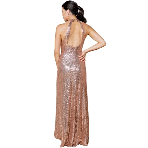 Revelry Gold Sequin "Tori" Halter Neck Long Evening Gown Size 4 - Picture 2 of 6